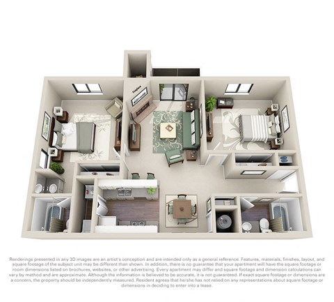 Floor plan for 2 beds, 2 baths, 944 sqft